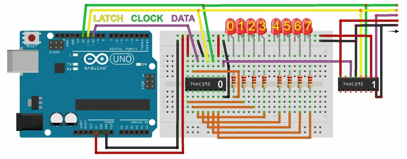 Схема подключения двух регистров 74HC595 каскадом к Arduino
