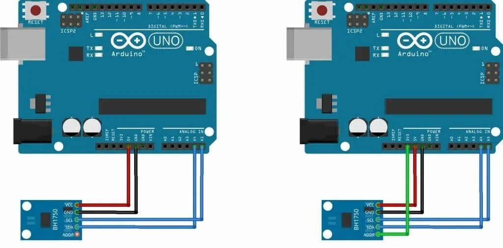 Два варианта подключения датчика BH1750 к Arduino