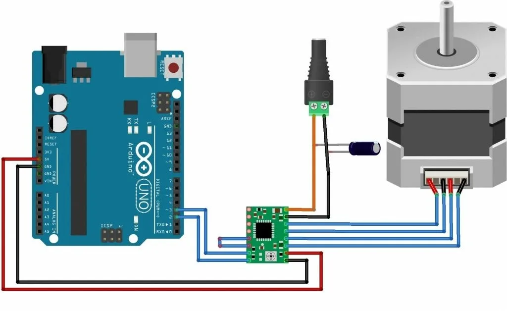 Схема подключения A4988 и шагового двигателя к Arduino
