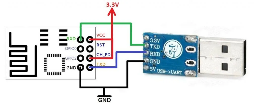 Схема подключения ESP-01 к компьютеру через USB-UART