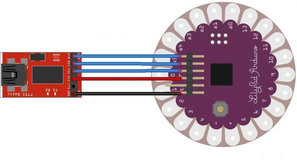 Схема соединения LilyPad Arduino 328 с переходником USB-Serial