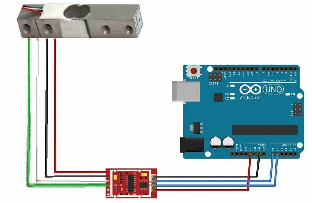 Схема соединения HX711, тензодатчика и Arduino