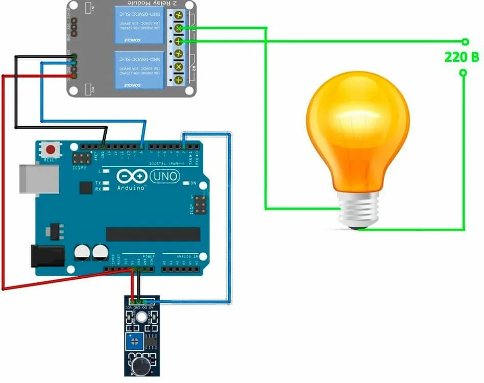 Схема подключения датчика звука и реле к Arduino Uno
