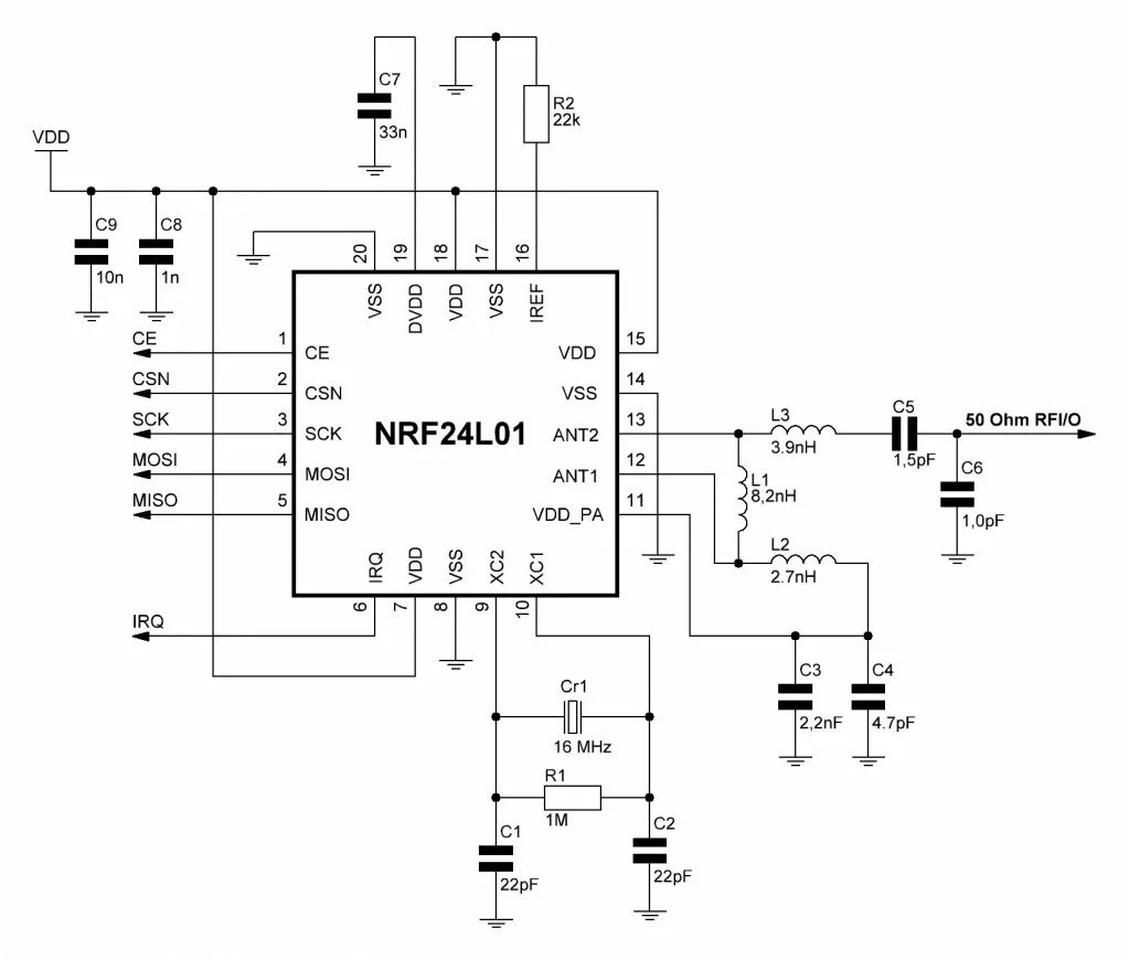 Электрическая схема модуля nRF24L01