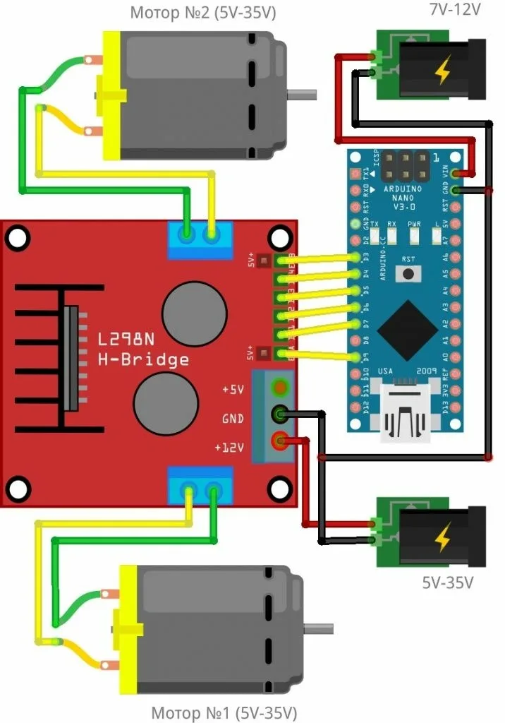 Схема подключения двух коллекторных двигателей к L298N и Arduino