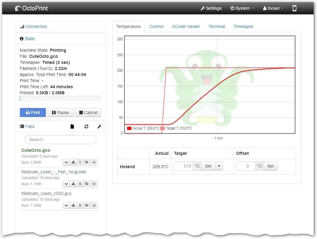 Веб-интерфейс OctoPrint с параметрами печати