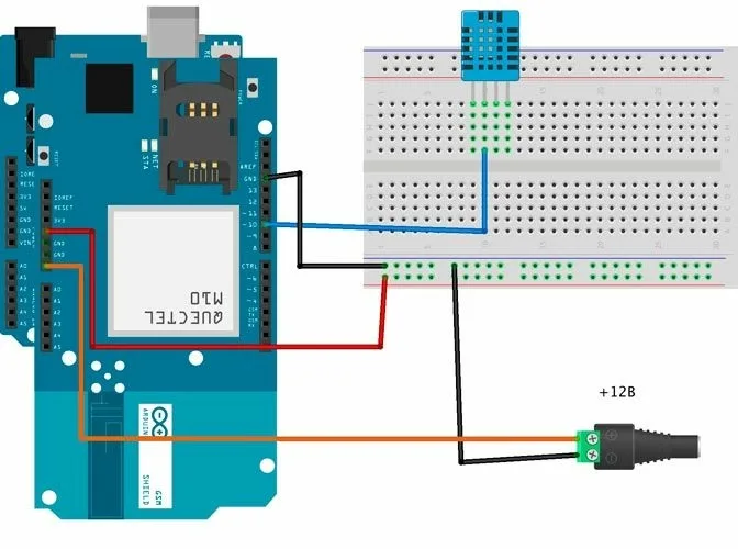 Схема подключения датчика температуры и GSM-шилда к Arduino