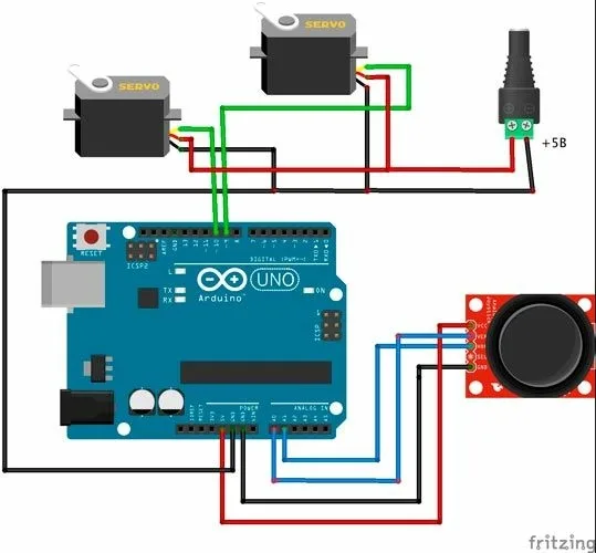 Схема подключения джойстика и двух сервоприводов к Arduino