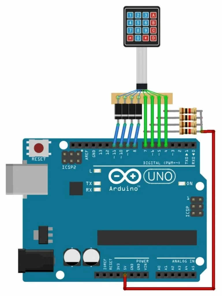 Схема подключения клавиатуры 4х4 к Arduino с диодами и подтягивающими резисторами