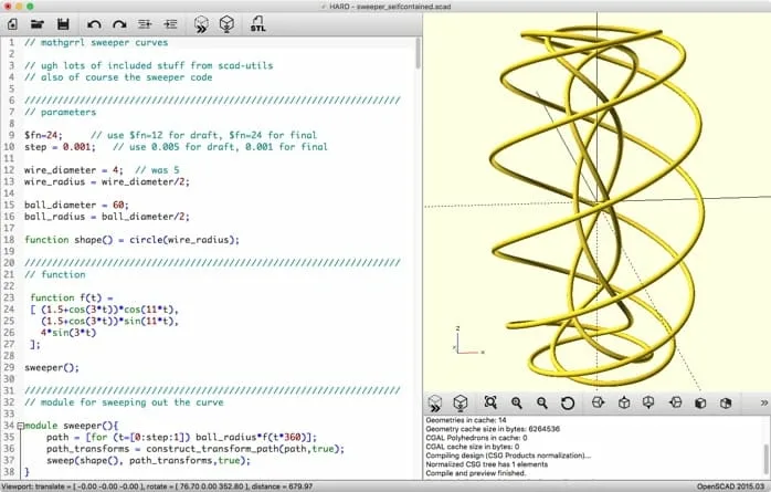 Код и построенная по нему модель в OpenSCAD