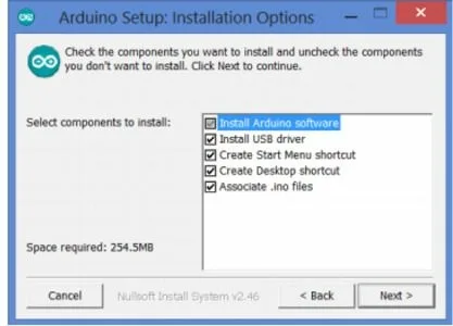 Окно Installation Options установщика Arduino