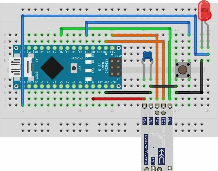 Схема подключения HC-12 к Arduino с кнопкой и светодиодом