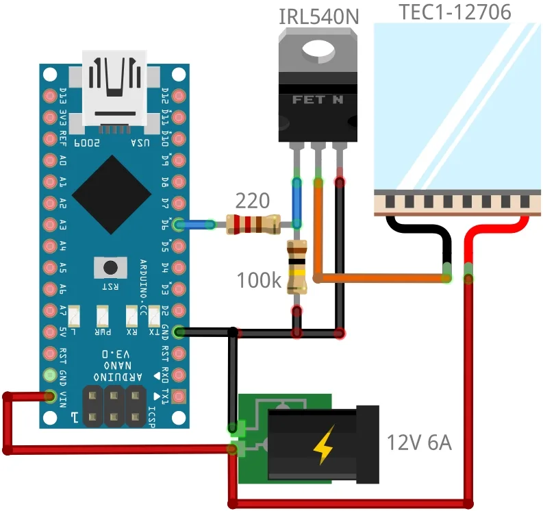 Схема подключения TEC1-12706 к Arduino Nano через полевой транзистор