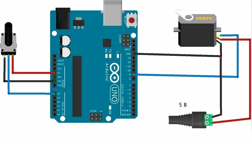 Схема подключения клешни с сервоприводом к Arduino