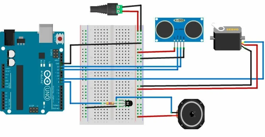 Схема подключения HC-SR04, сервопривода и динамика к Arduino