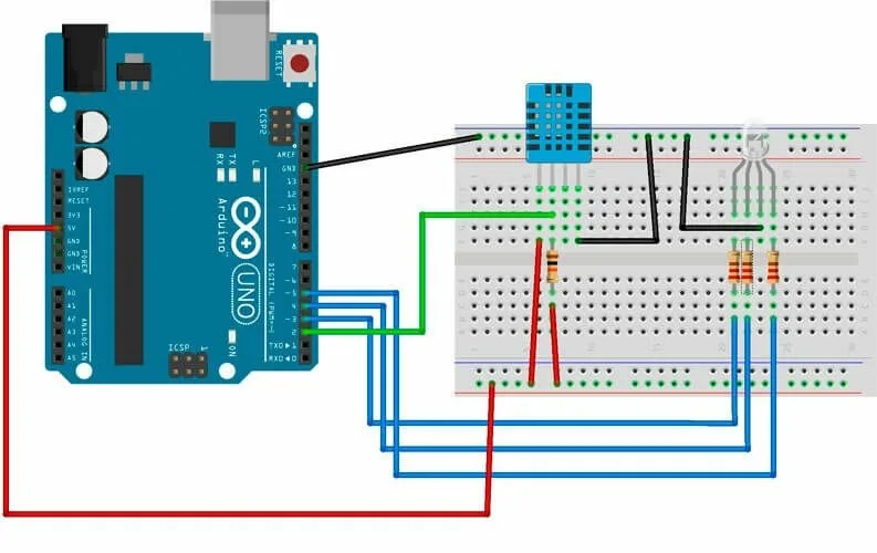 Схема подключения DHT11 и RGB-светодиода к Arduino Uno