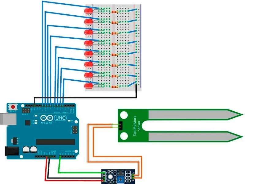 Схема индикатора влажности почвы на Arduino с восемью светодиодами