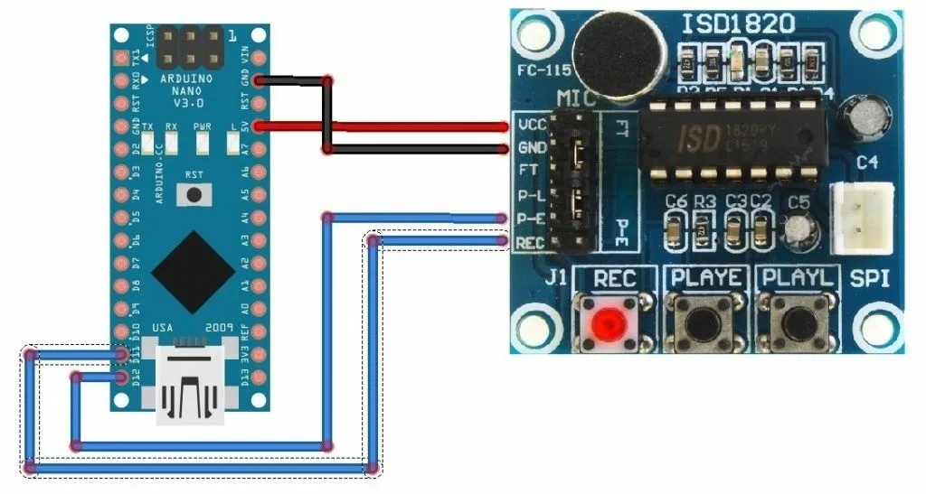 Схема подключения ISD1820 к Arduino