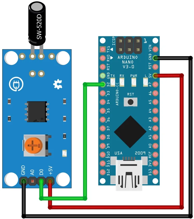 Схема подключения модуля SW-520D к Arduino