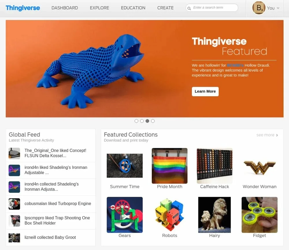 Страница каталога моделей Thingiverse