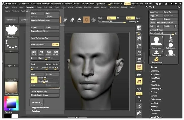 Рабочее окно ZBrush с детализированной скульптурой